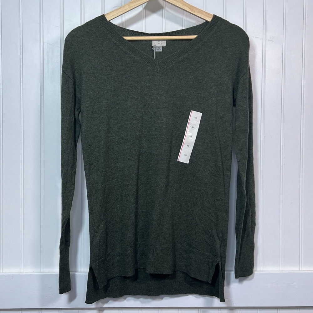 A New Day Sweater Academia V-Neck Long Sleeve Pullover Knit Dark Green XS Nature